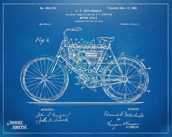 Copyright Nikki Smith; 1901 Motor Cycle Patent Blueprint Artwork (Fine Art Prints Available)