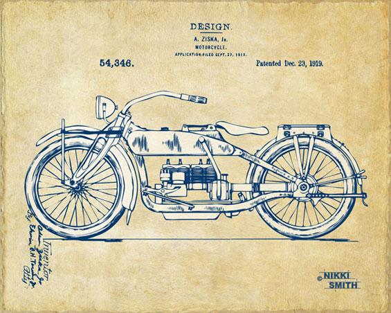 Copyright Nikki Smith; Vintage Harley-Davidson Motorcycle 1919 Patent Artwork (Fine Art Prints Available)
