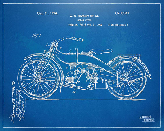 Copyright Nikki Smith; 1924 Harley-Davidson Patent Artwork (Fine Art Prints Available)