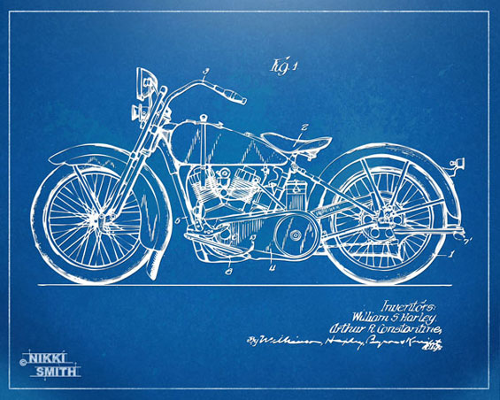 Copyright Nikki Smith; 1928 Harley-Davidson Patent Artwork (Fine Art Prints Available)